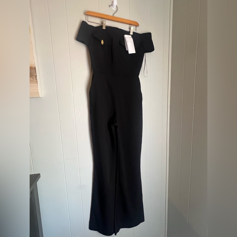 BALMAIN Black Off-Shoulder Jumpsuit with Gold Buttons - Picture 6 of 10
